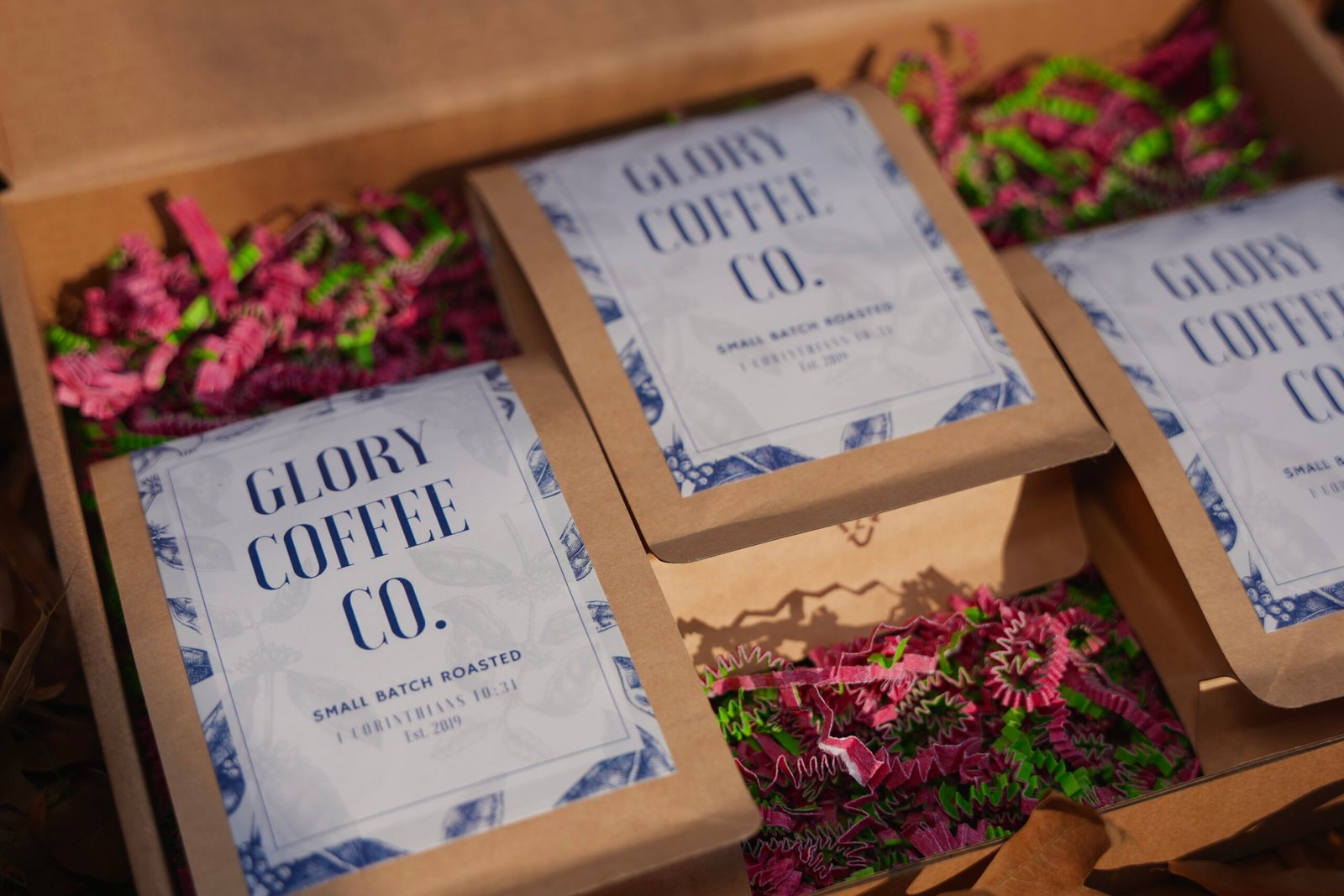 Glory Coffee bags packaged in a gift box